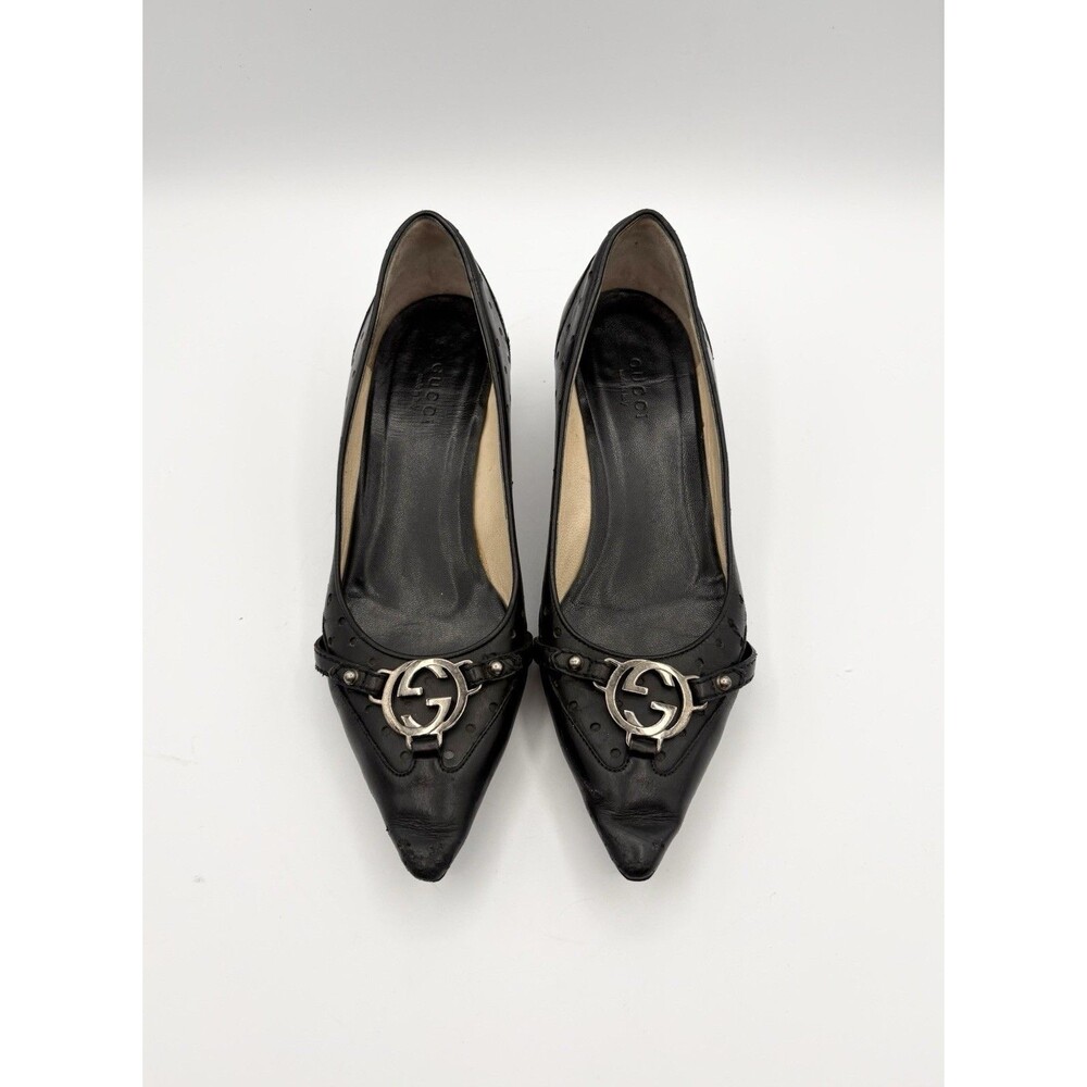 Gucci Black Leather Kitten Heels w GG Logo Accent Vintage Y2K Sz EU 35